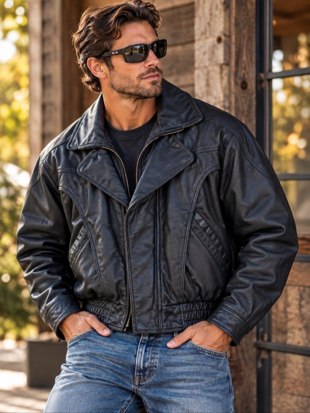 Wilsons Black Leather Bomber  Moto Jacket Vintage Biker Zip Front Mens Sz L